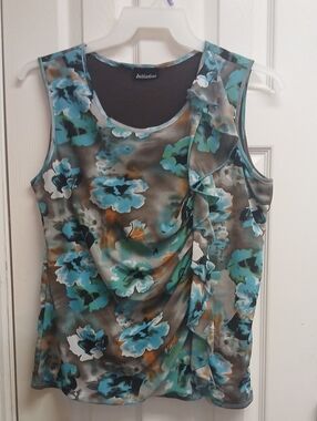 Initiatives Floral Ruffle Mesh Blouse Size L XL Turquoise Teal Ruched Top
